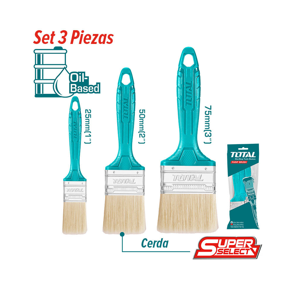 SET DE BROCHAS CON MANGO PLASTICO SUPER 3PZAS (1,2,3) TOTAL