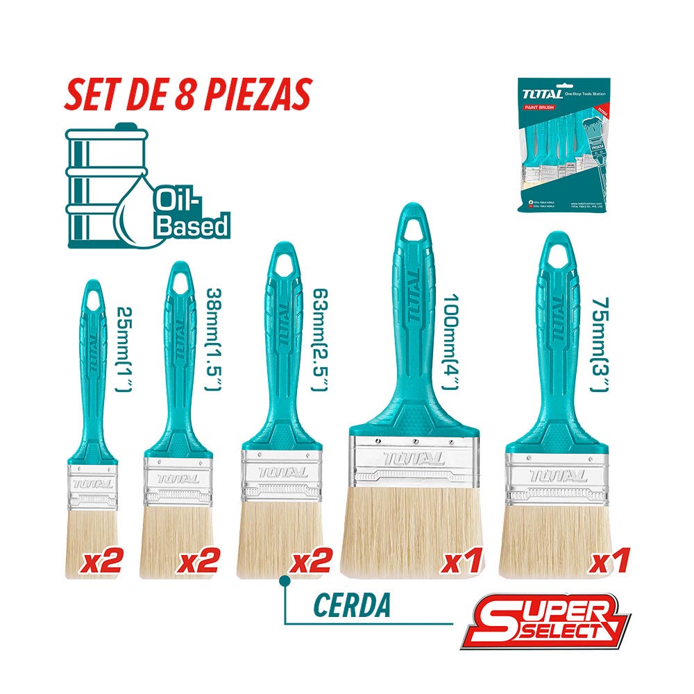 SET DE BROCHAS CON MANGO PLASTICO SUPER 8PZAS TOTAL